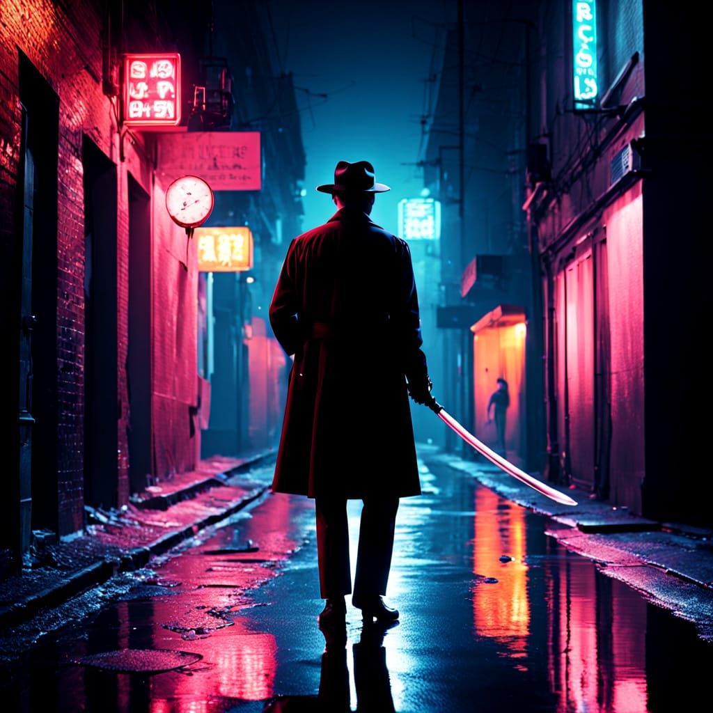 Detective in Neon Alleyway: Film Noir Style