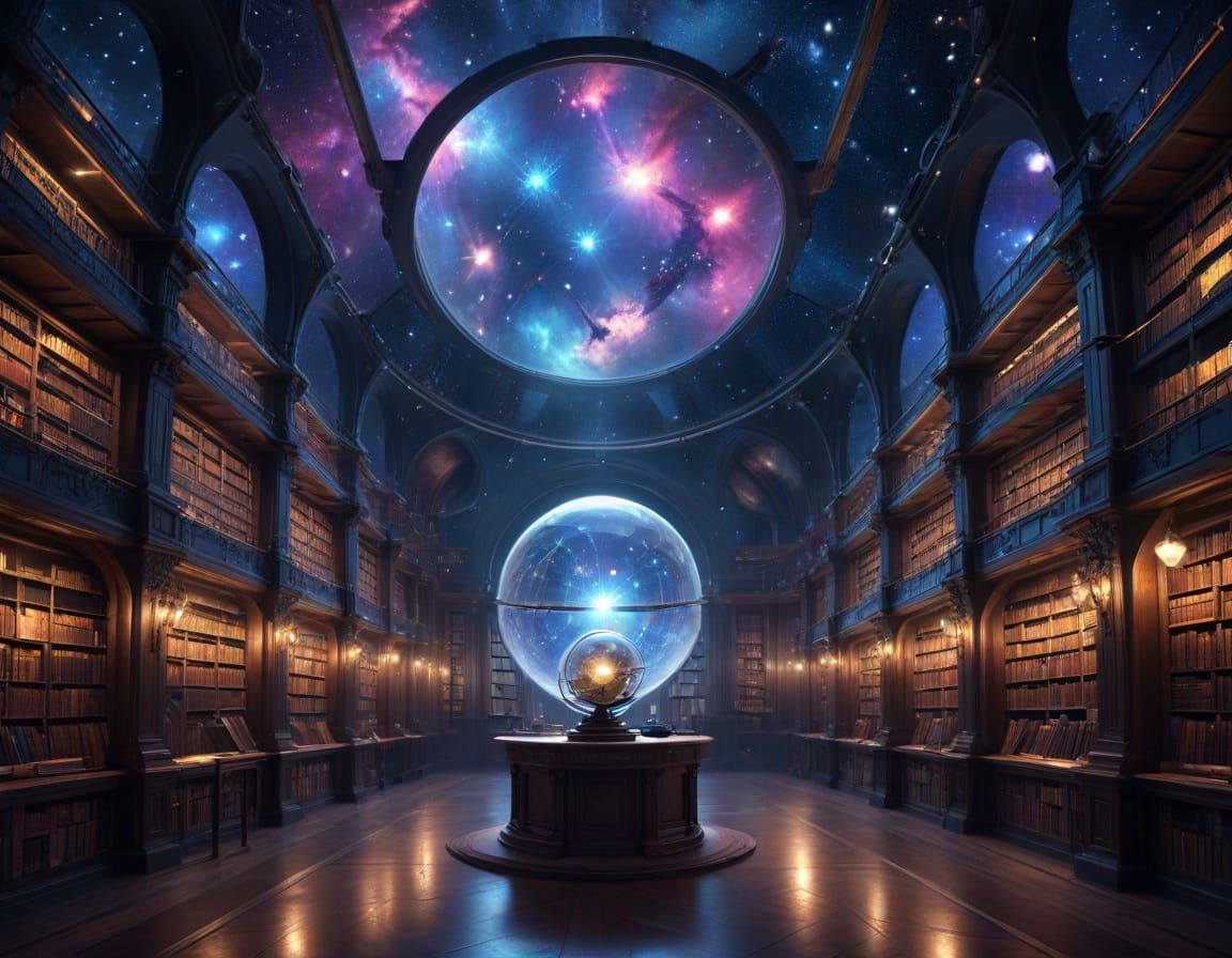 Mystical Tesla-Punk Library Under Crystal Dome