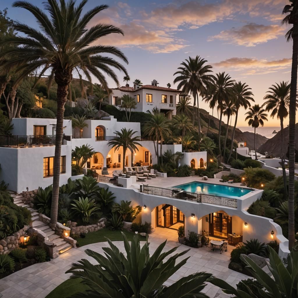 Spanish Compound Overlooking the Pacific at Dusk