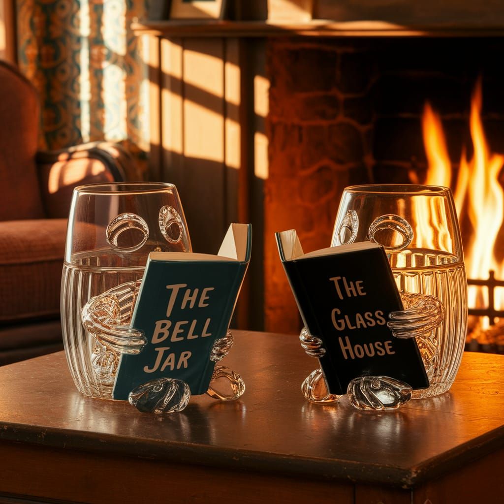Cozy Country Cottage Scene with Book-Loving Glass Tumblers
