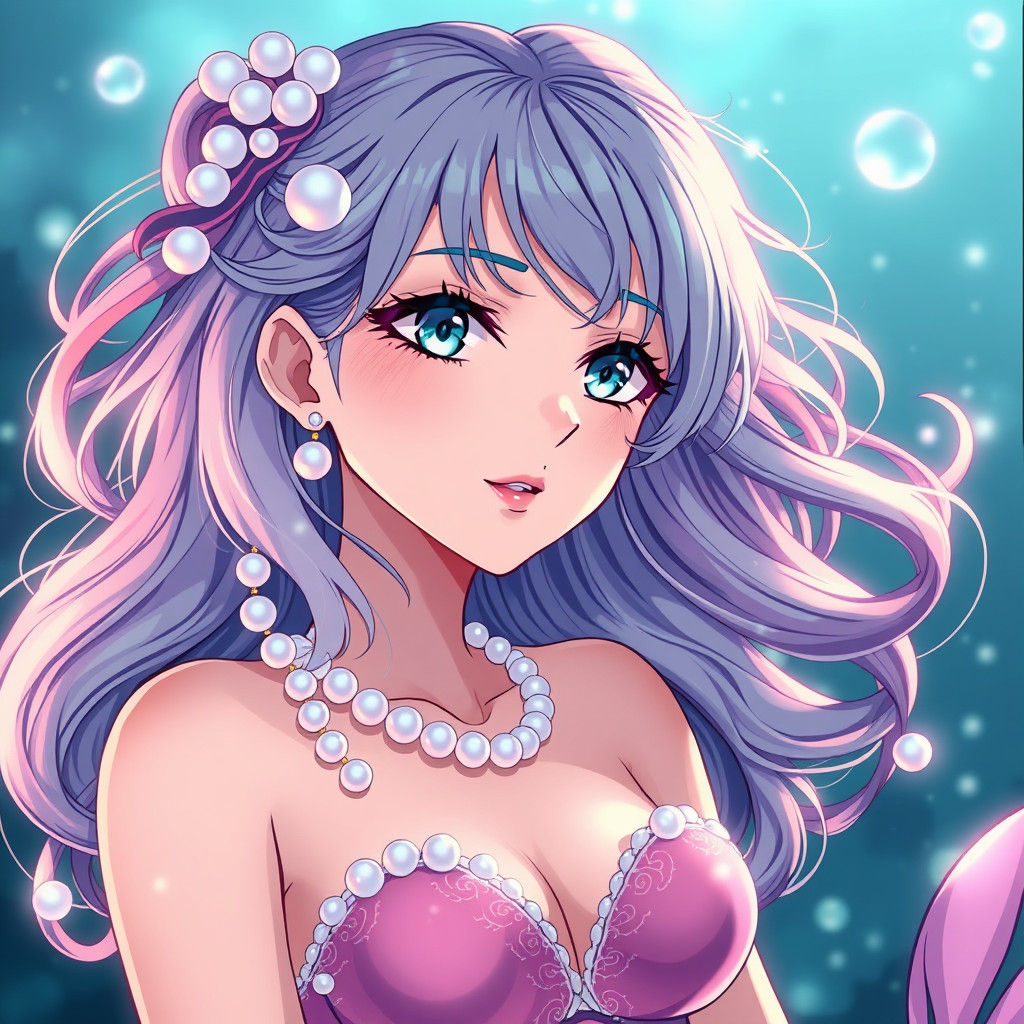 Anime Mermaid with Pearl Hair in Cel-Shaded Style