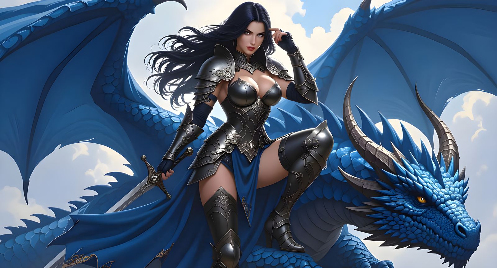 Valkyrie Pin-Up on Dragon, Hyperrealistic Battle Scene