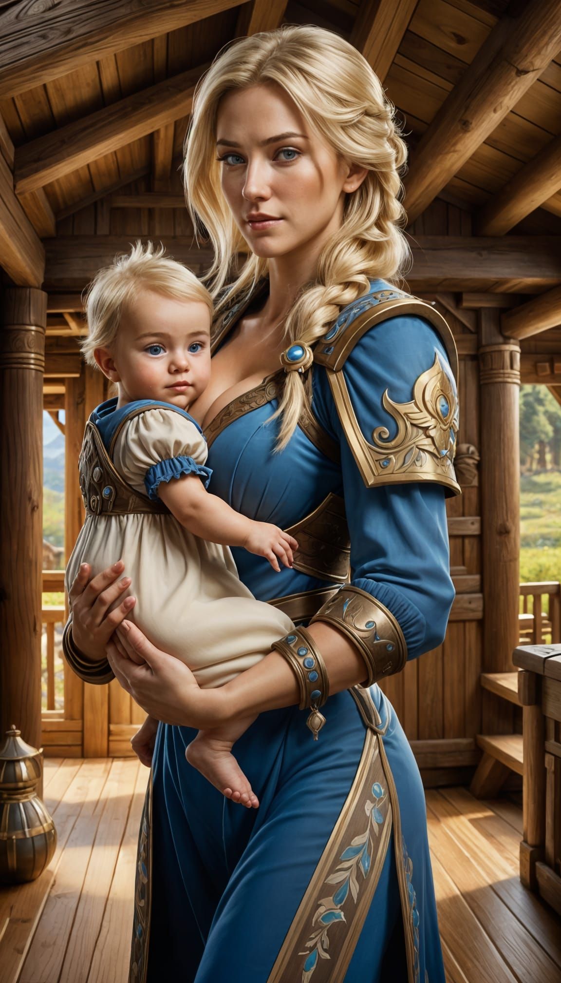 Blond Woman and Baby in Warcraft Style