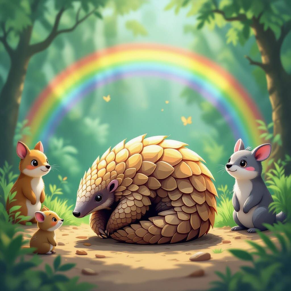 Pangolin and Rainbow in Ethereal Jungle Scene