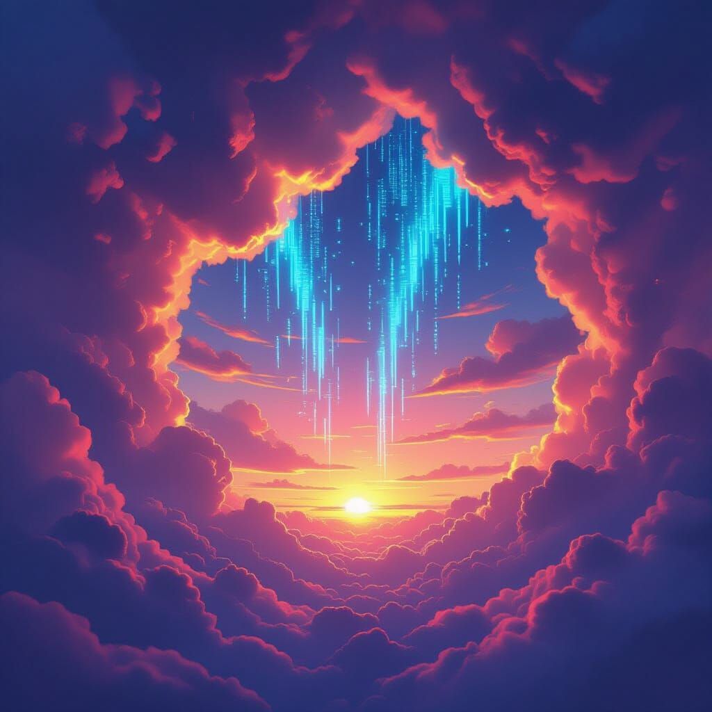 Digital Code Rips Through Ethereal Sunset Sky