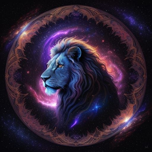 Cosmic Lion in Art Nouveau Oil Painting