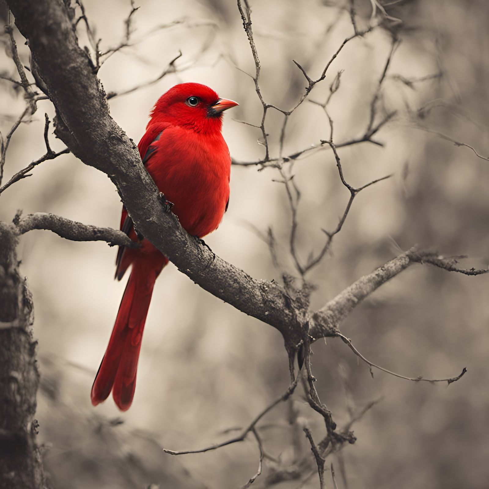 Striking Red Bird on a Tree Branch
