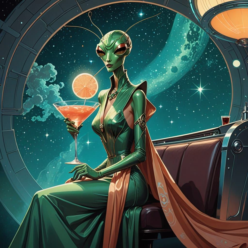 Anthropomorphic Mantis in 1950s Style Sipping Cocktail