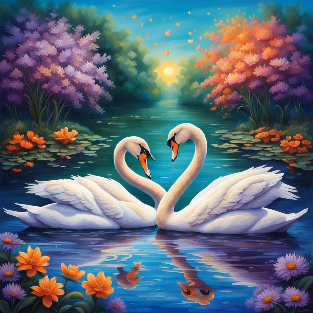 Swans Form Heart on Pond: Detailed Matte Painting