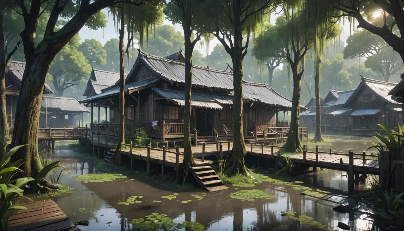 Anime Village in Rainy Swamp: 3D Render