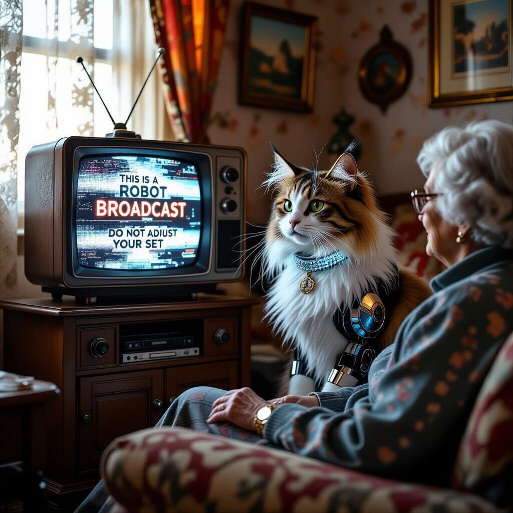 Robot Cat Watches TV with Elderly Lady