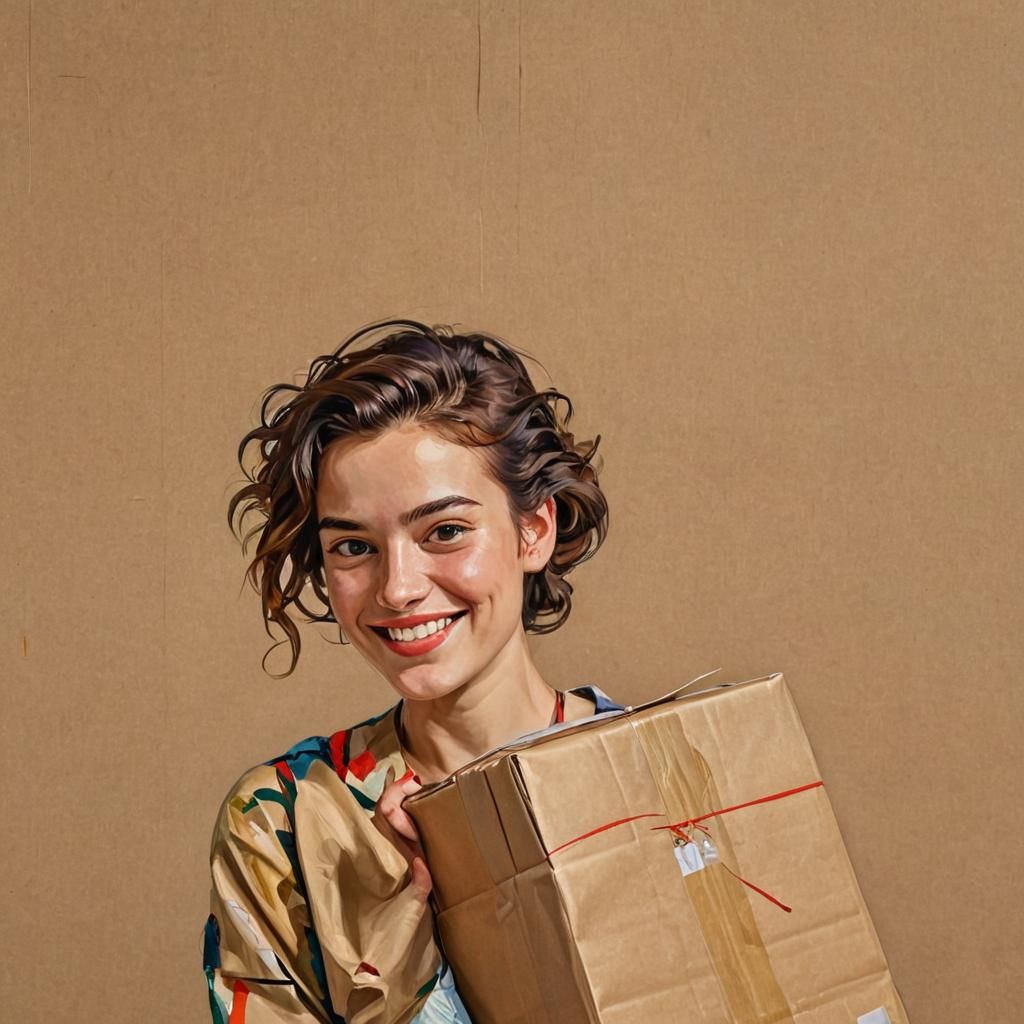 Joyful Woman with Package in Expressionist Style