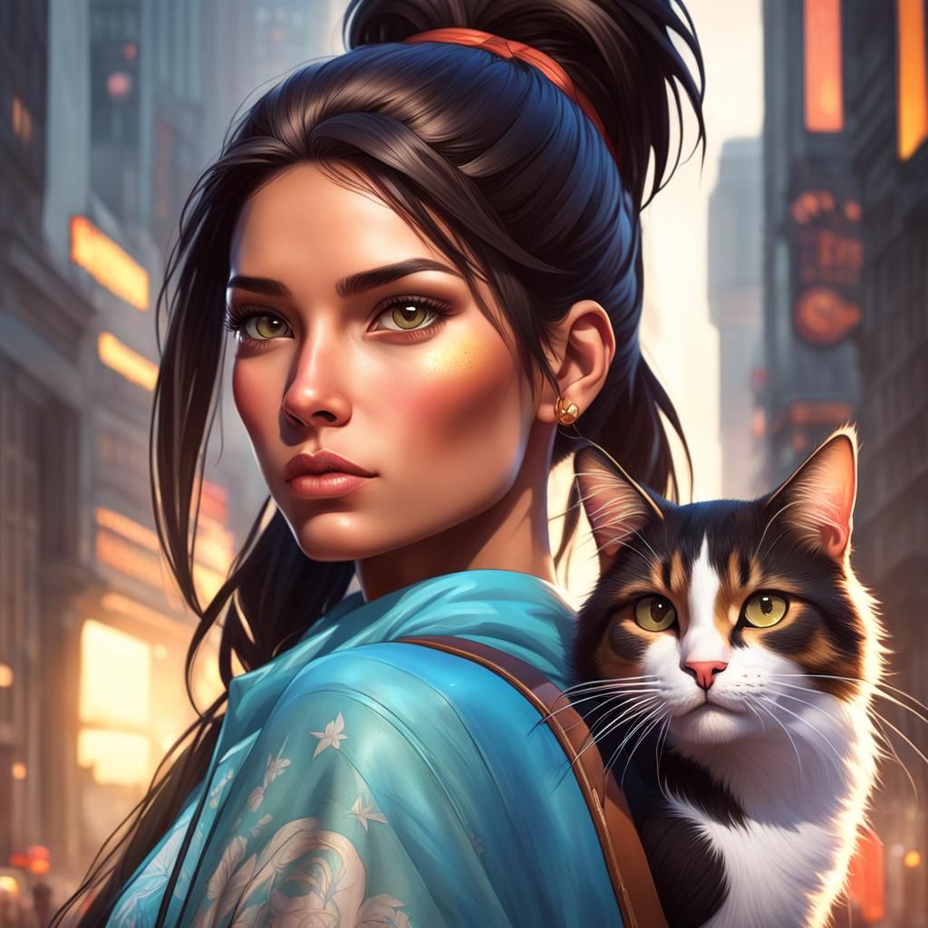Hispanic Girl with Calico Cat Portrait