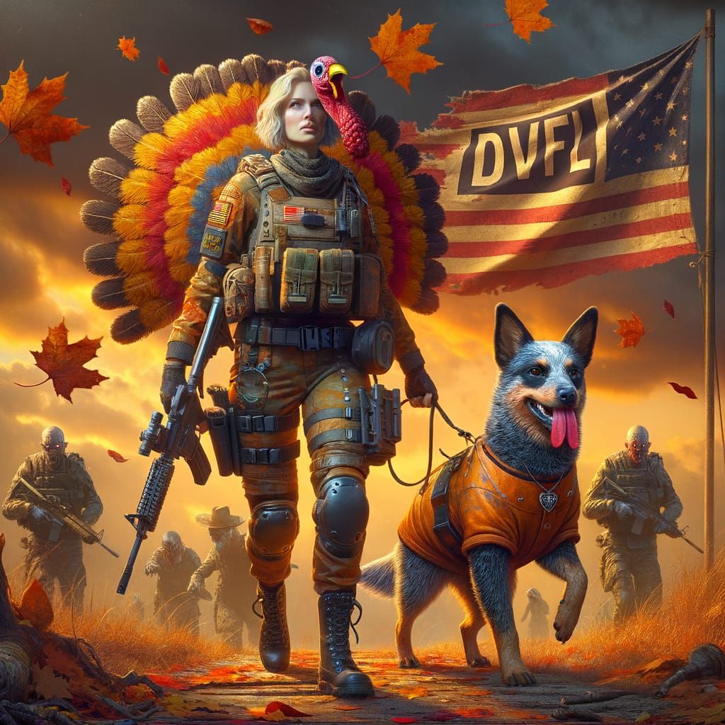 Warrior in Turkey Costume Battles Zombies with Dog