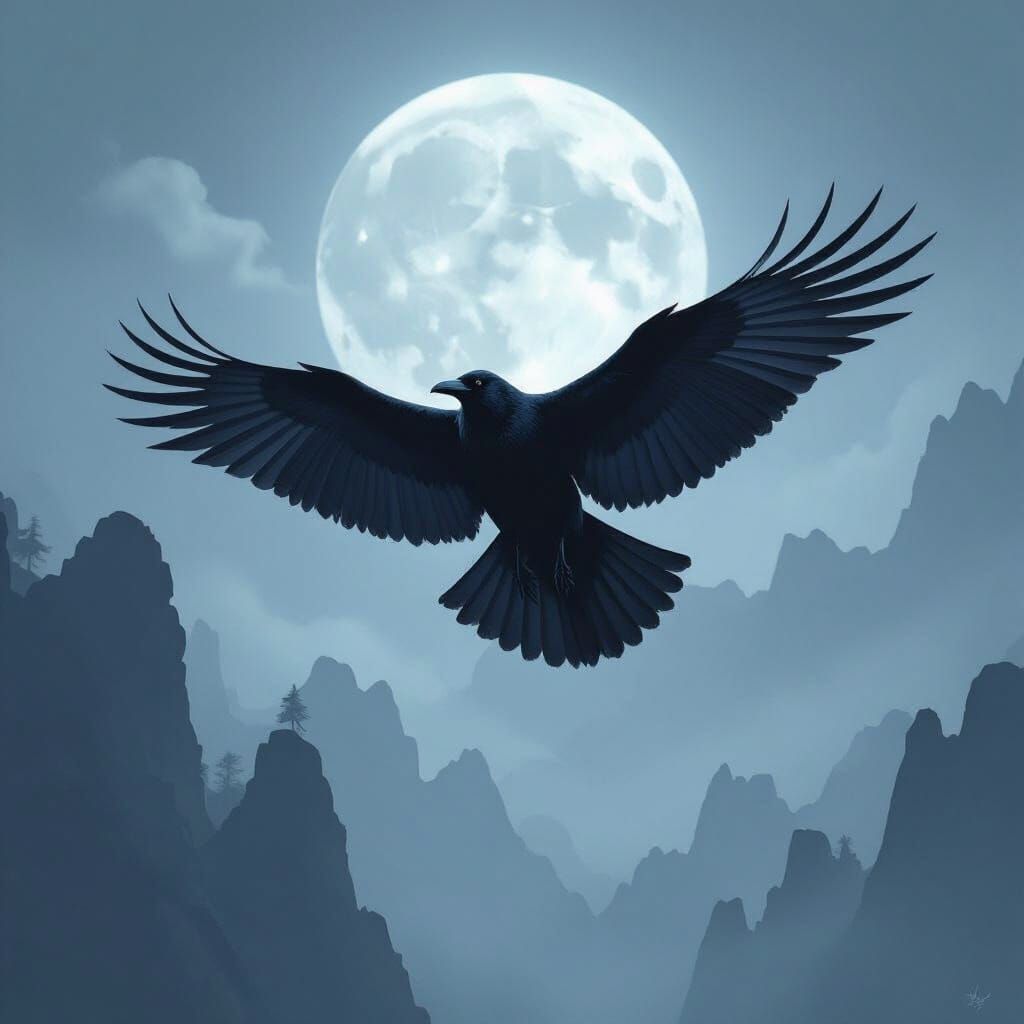 Mysterious Raven Silhouetted Against Misty Moonlit Sky