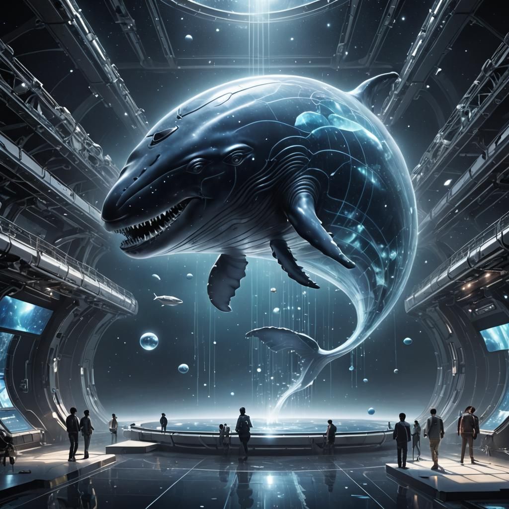 Translucent Biometric Whale Drifting in Open Space