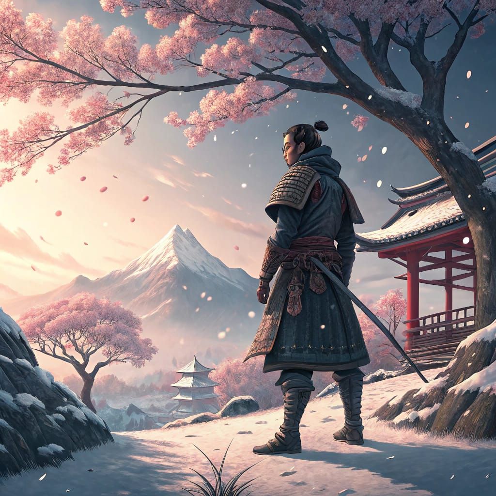 Samurai Contemplates Falling Cherry Blossom in the Snow