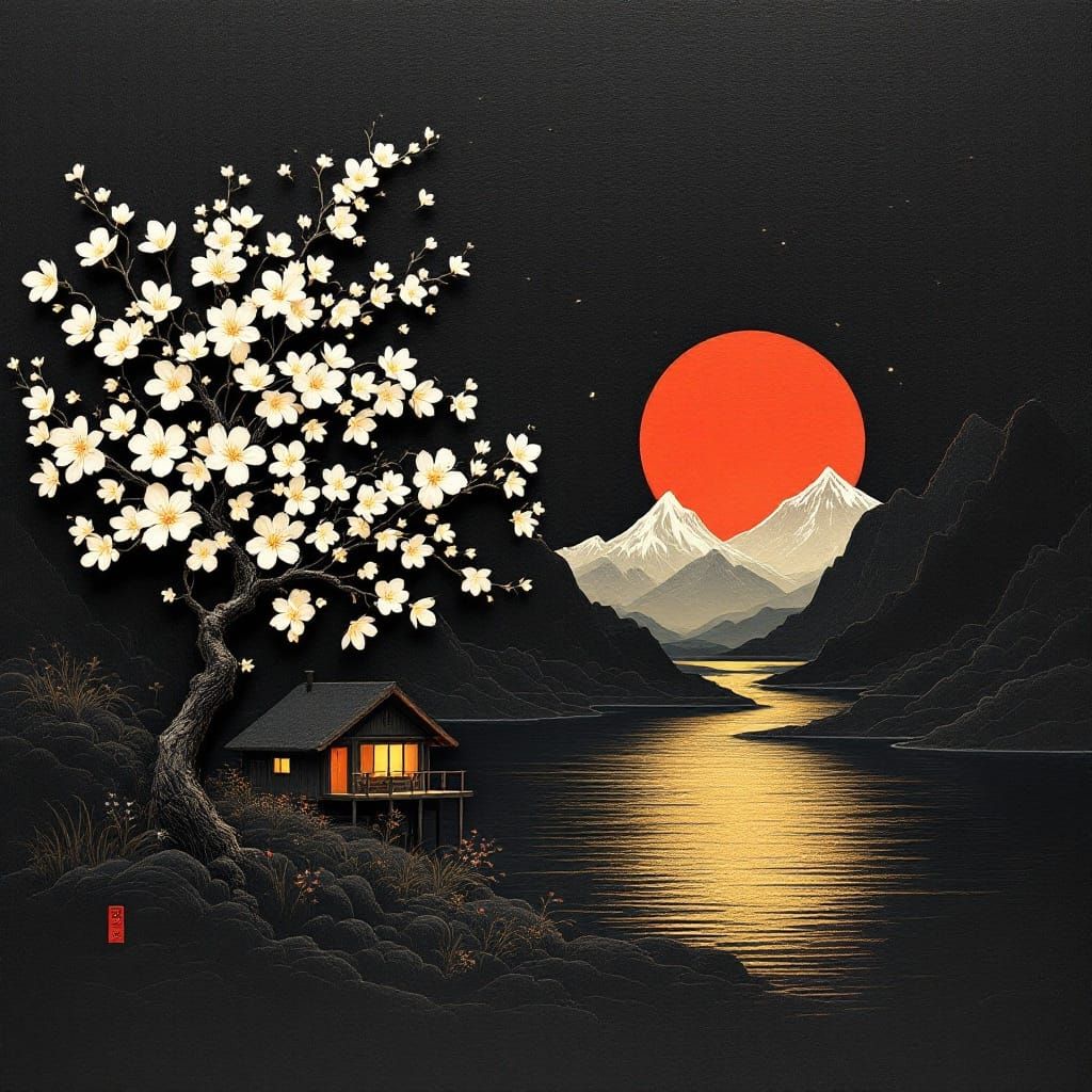 Elegant Blossom Tree Landscape at Sunset in Textured Woodgra...