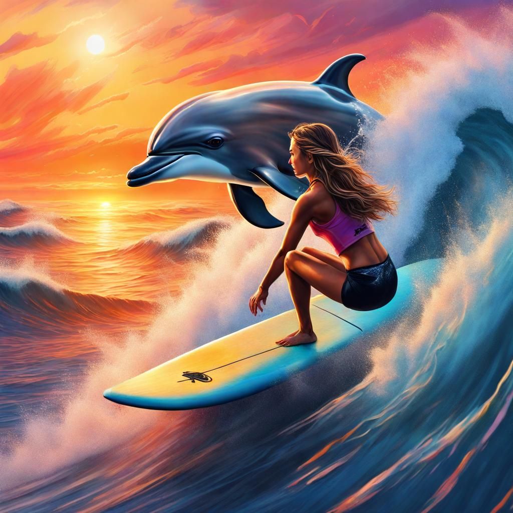 Girl Surfing at Sunset with Dolphin: Hyperrealistic Art