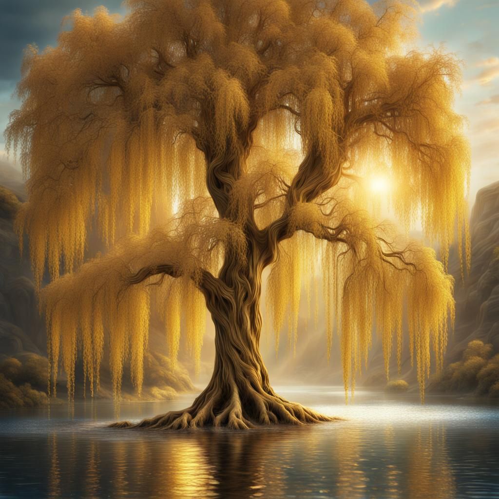 Golden Willow Tree with Crystals: Digital Matte Painting