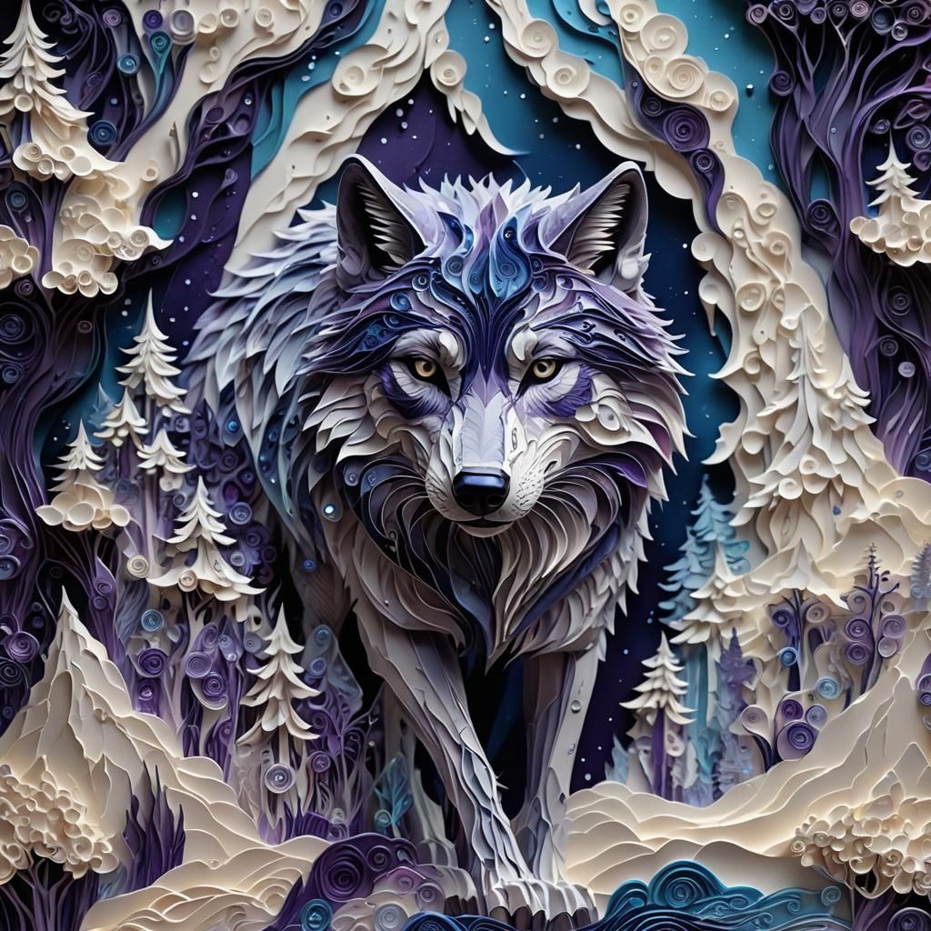 Luminescent Wolf in Mixed Media With Quilling