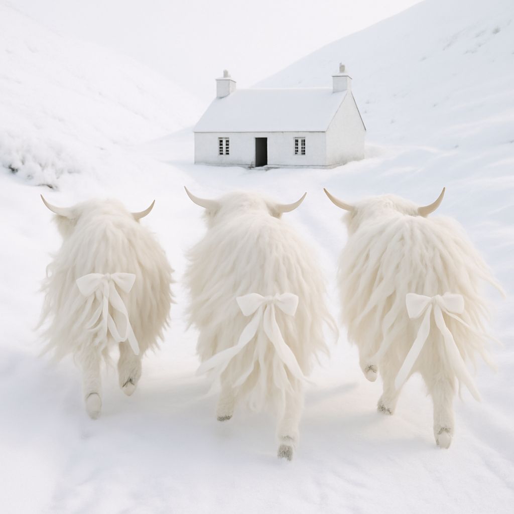 Albino Highland Cows with Dreadlocks in Winter