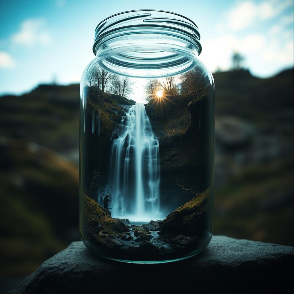 Waterfall and Nature Scenes Double Exposed Inside a Glass Ve...