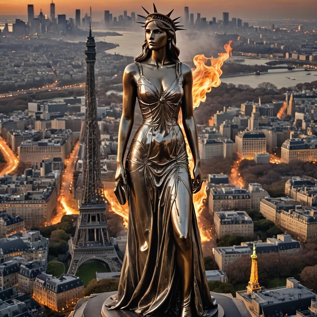 Powerful Woman Between Landmarks in Fiery Ambiance