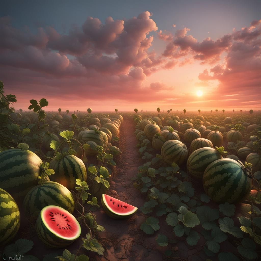Sunrise Watermelon Field: Detailed Matte Painting