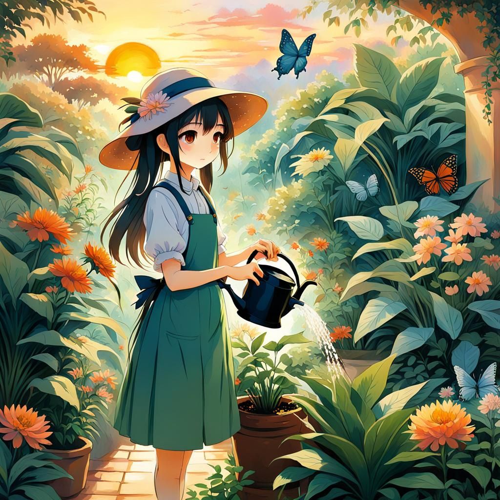 Anime Girl Watering Plants in Earthy Garden