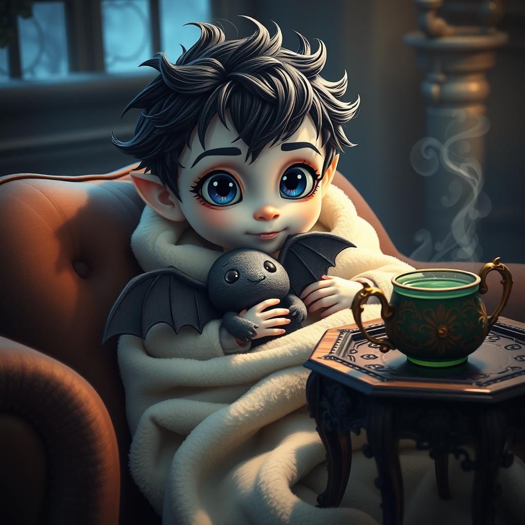 Endearing Vampire Boy Cuddling Plushie Bat