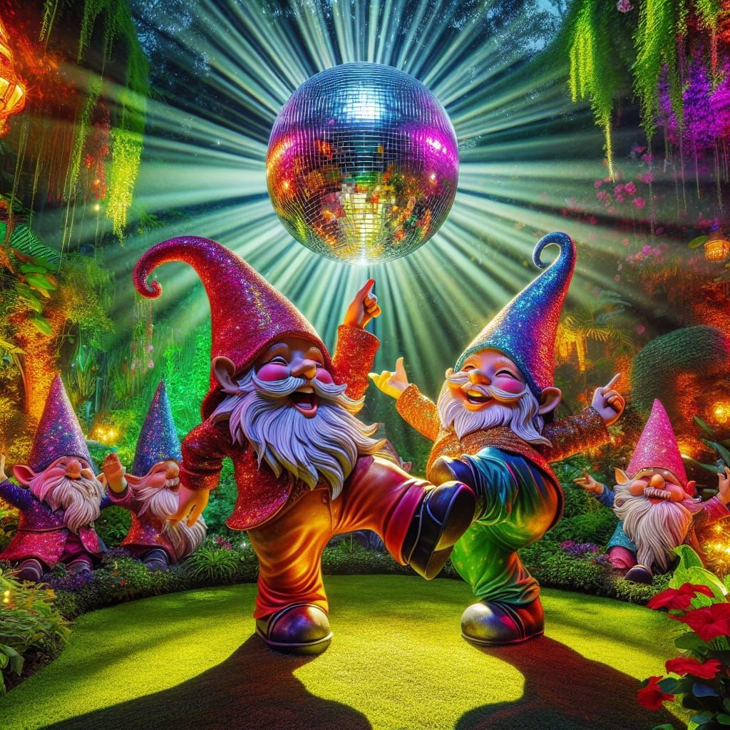 Dancing Garden Gnomes Celebrate in Enchanted Garden