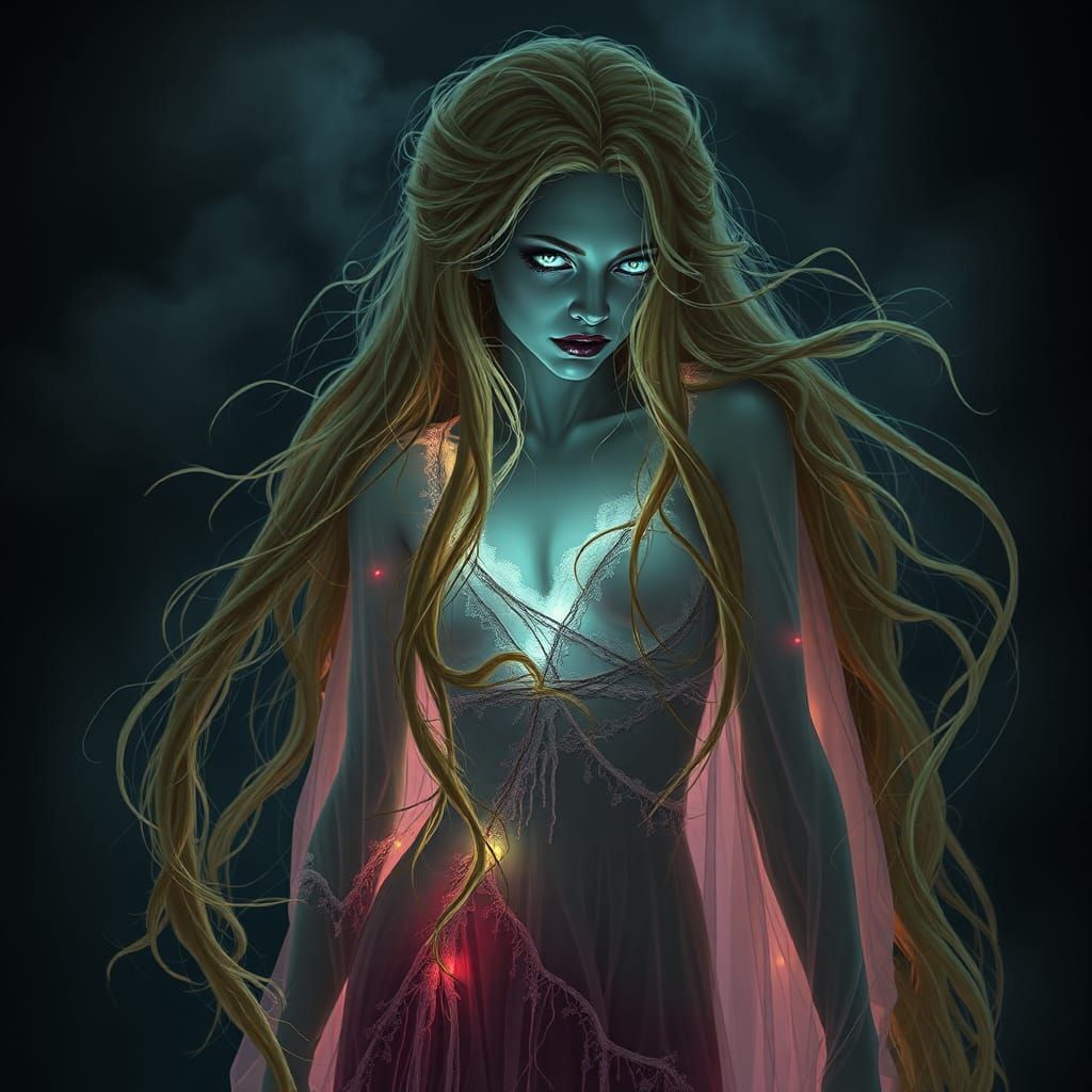 Ethereal Neon Rapunzel Specter in Dark Surrealism