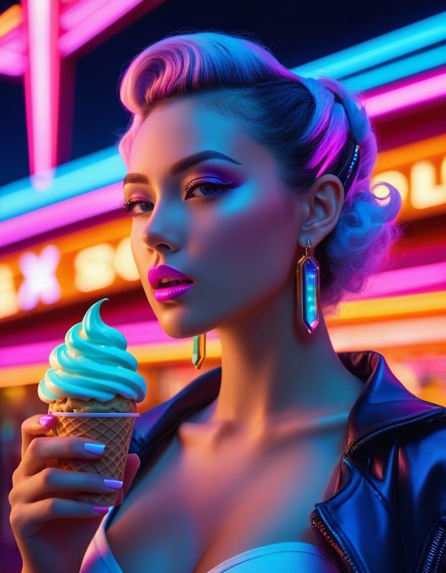 Futuristic Pin-Up Goddess in Neon Amusement Park