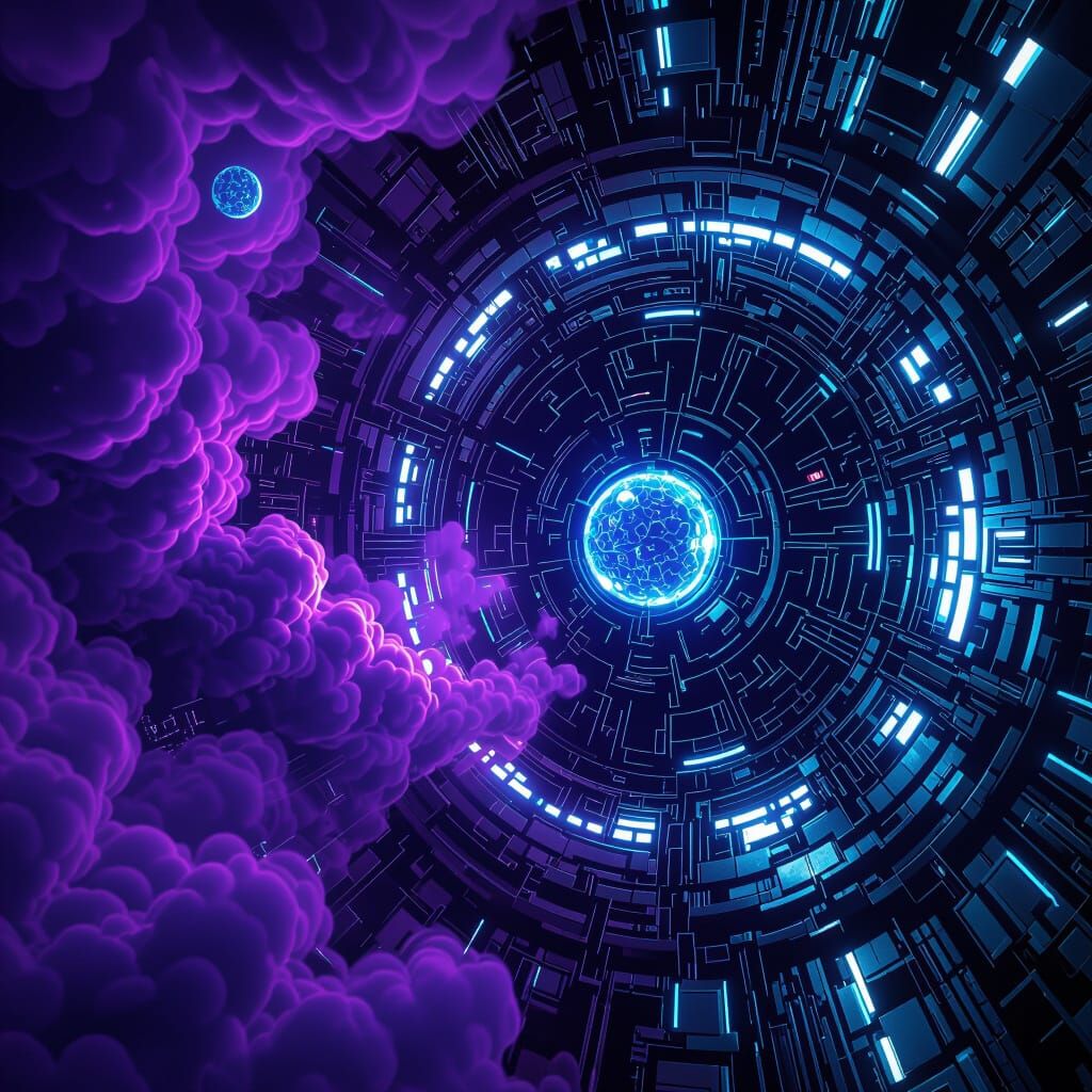 Quantum Realm: Swirling Mist and Silver Circuits