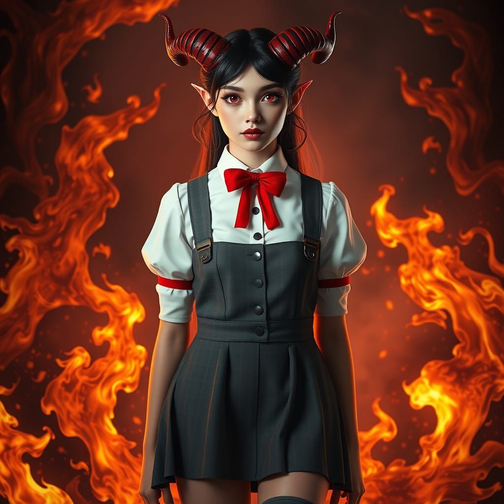 Stunning Demon Schoolgirl in Fiery Hellish Landscape