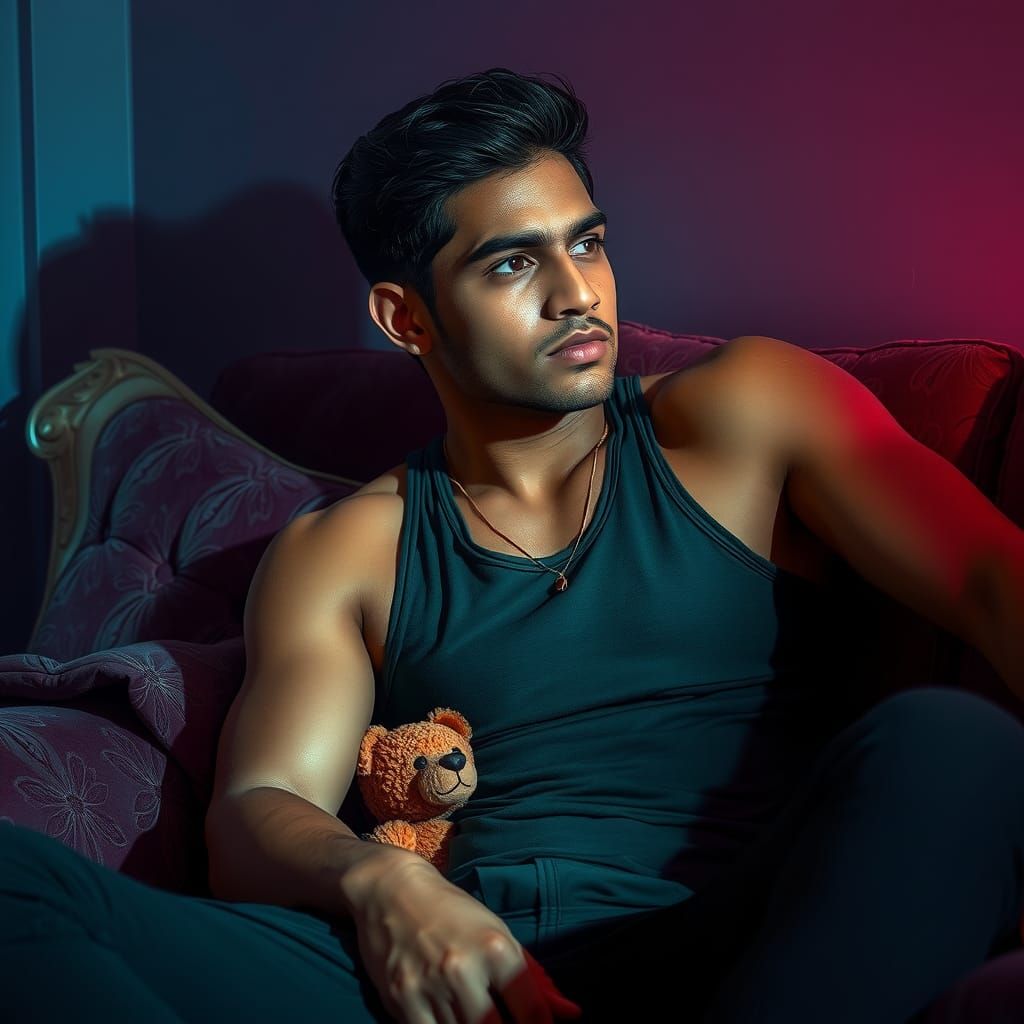 Athletic Man with Teddy Bear in Hyperrealistic Style