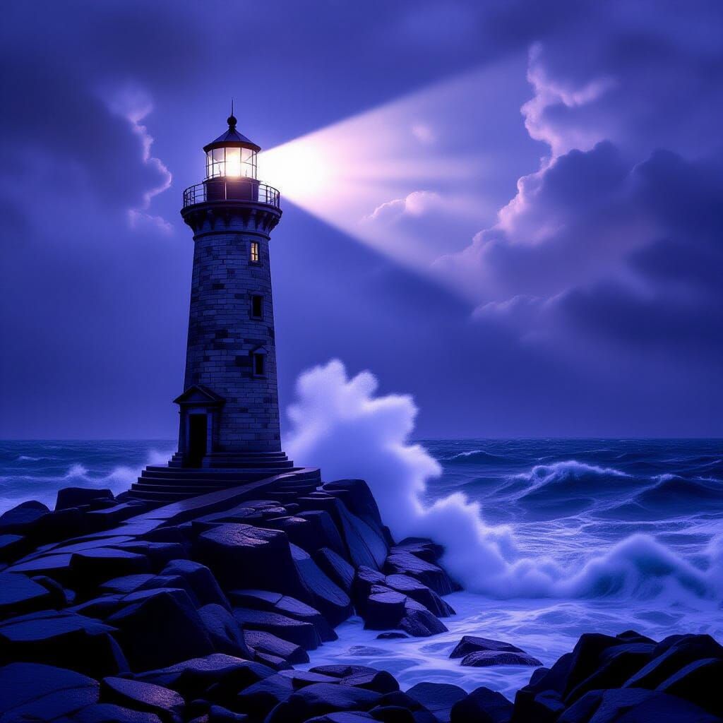 Ancient Lighthouse Braving Stormy Seas in Dramatic Light