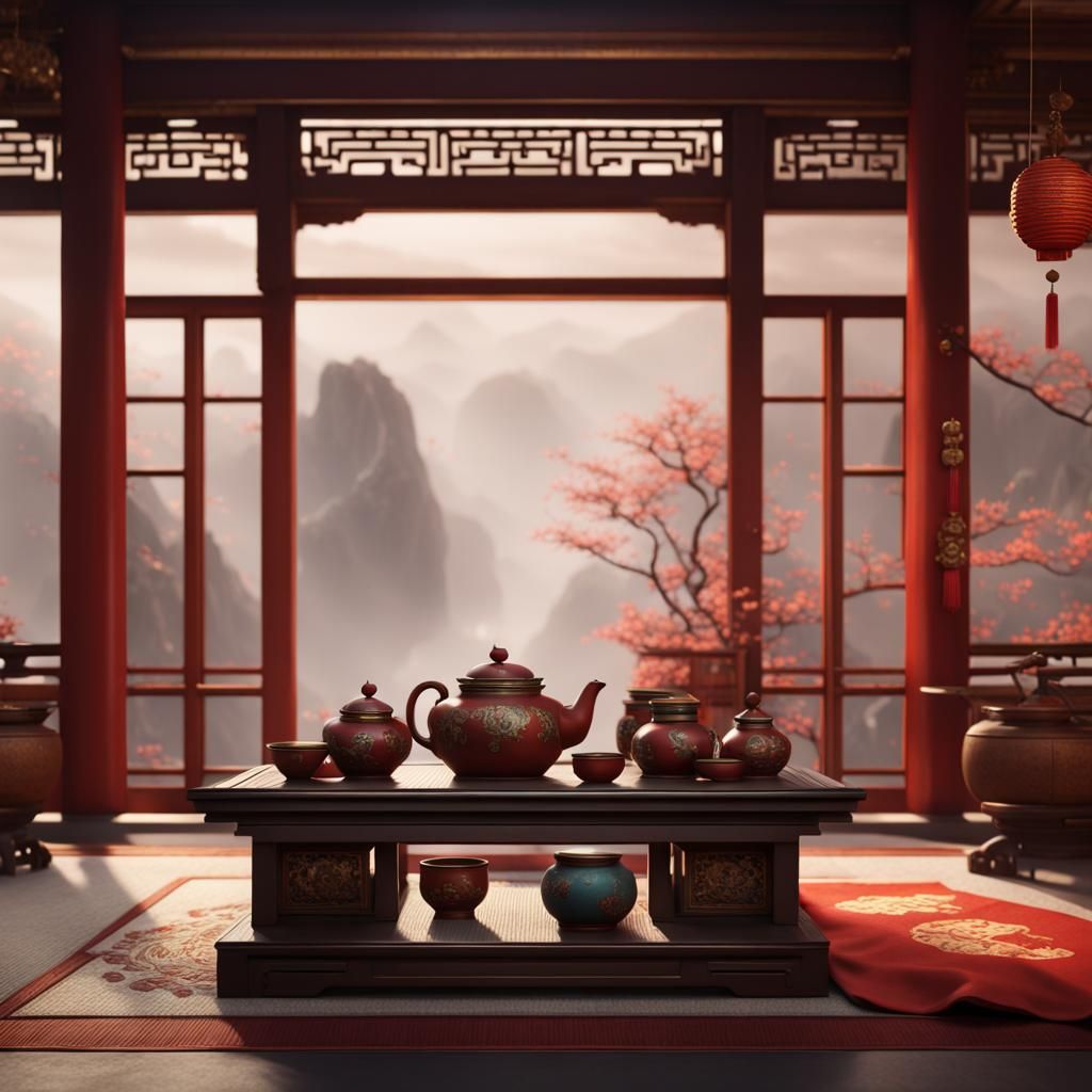 Detailed Matte Painting of Chinese Tea Ceremony