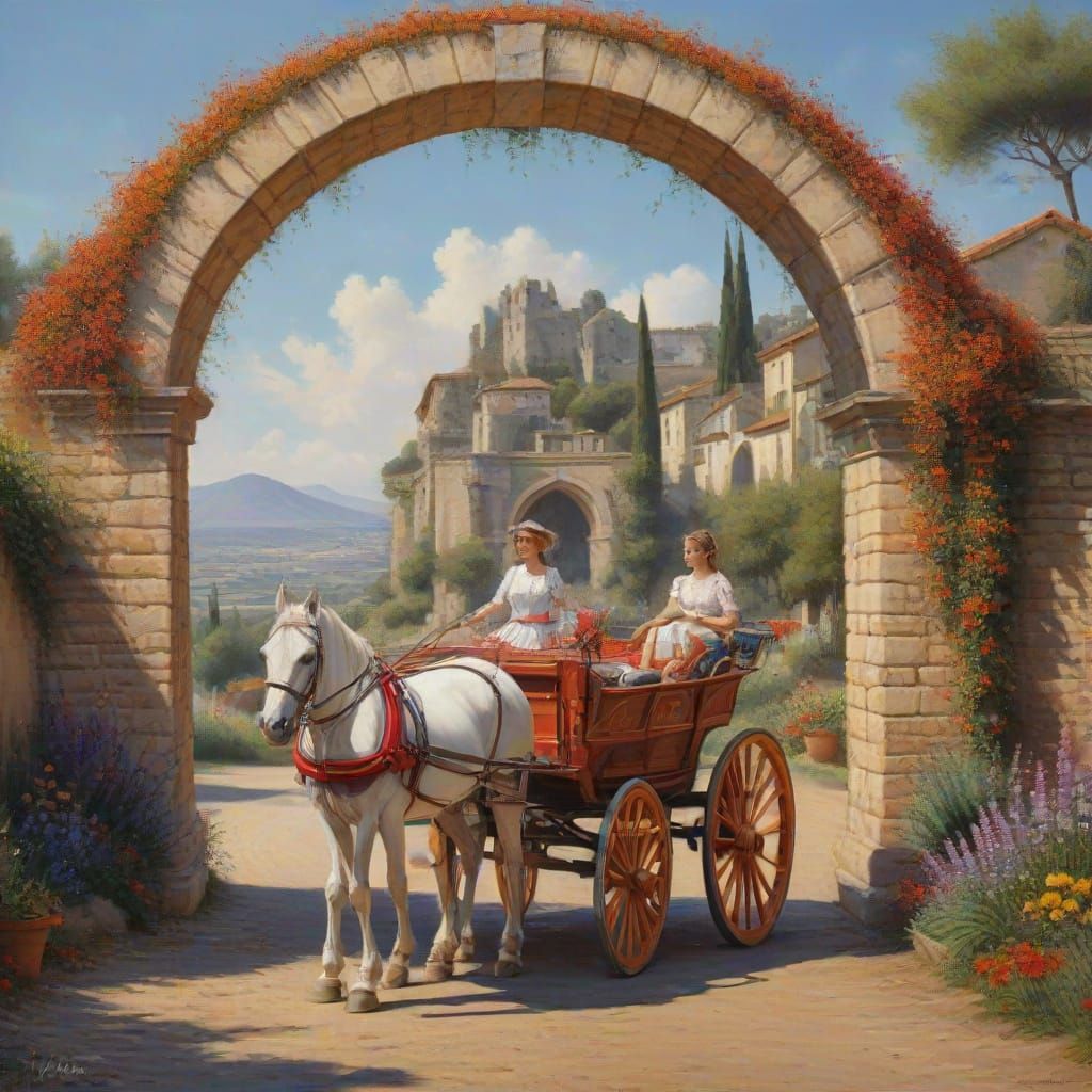 Flaming God Rides into Italian Landscape with Roman Arch