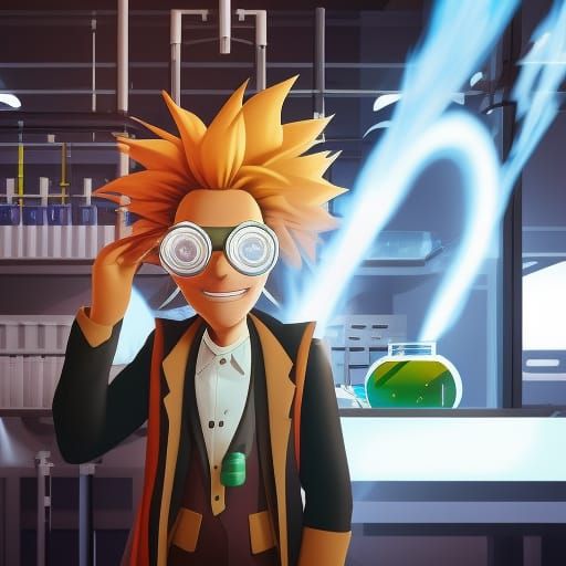 Cartoon Mad Scientist in Anime Cyberpunk Style