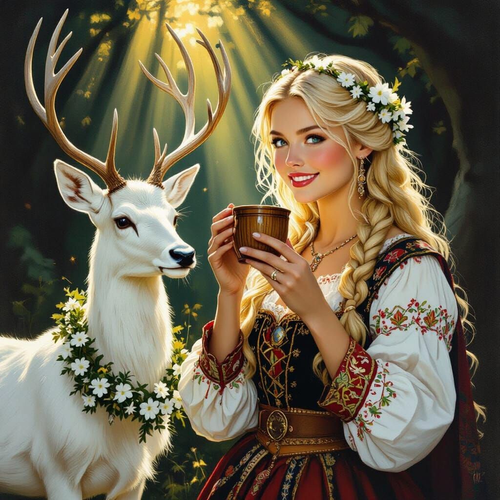 Norwegian Woman Drinks Reindeer Milk in Sunlit Forest