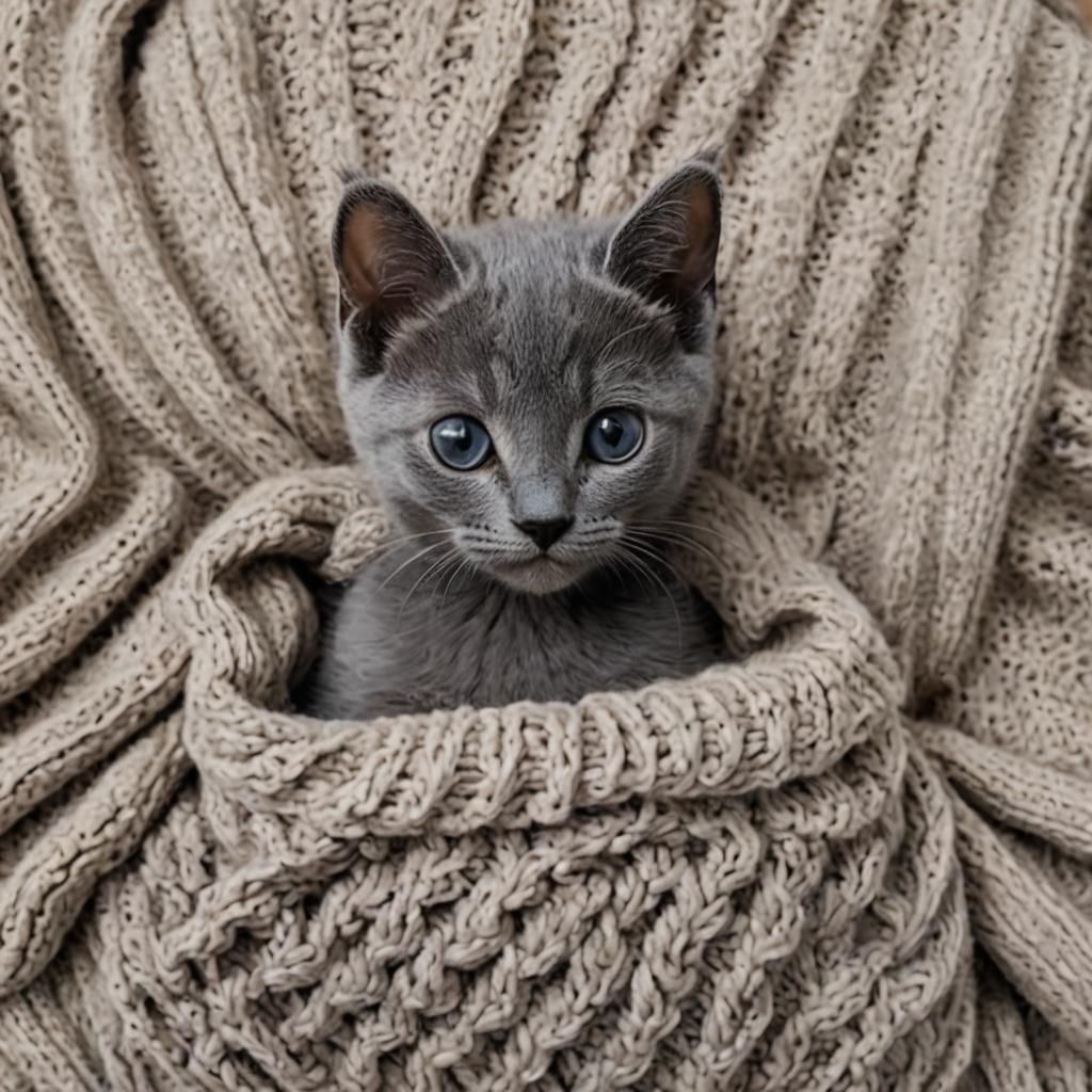 Tiny Russian Blue Kitten in a Sweater