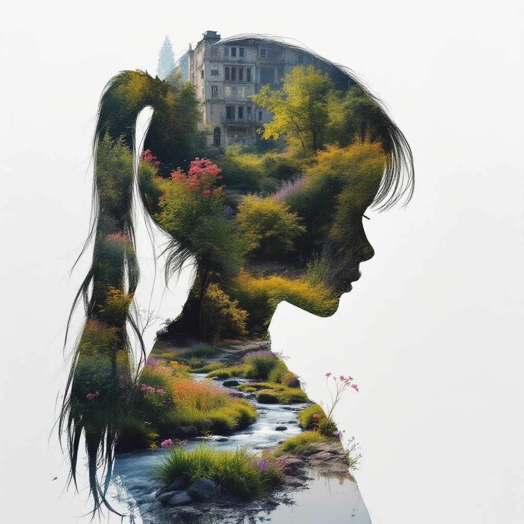 Create a double exposure image of a silhouette in the shape of a child, with the detailed backdrop of an apocalyptic aft...