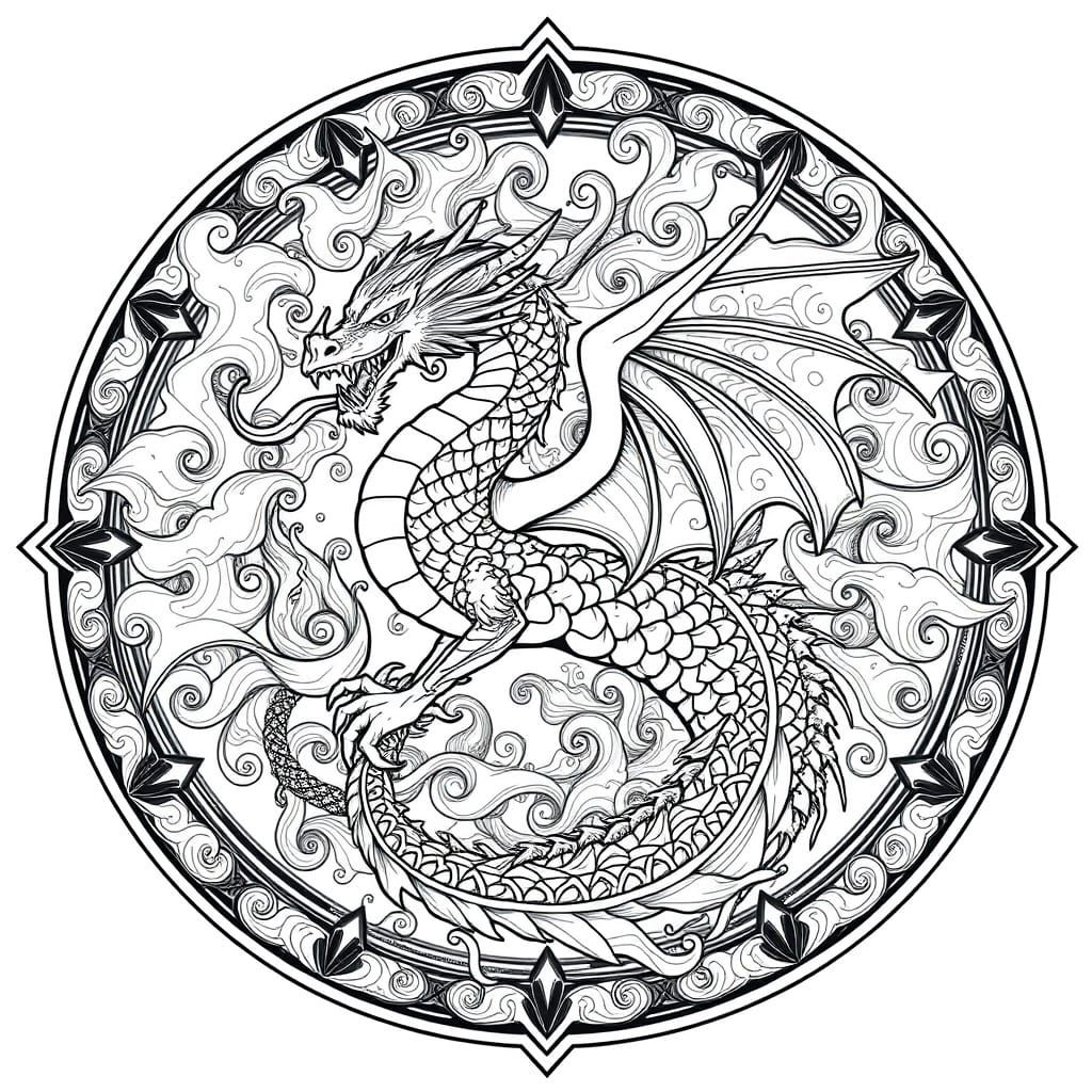 Majestic Dragon Mandalas in Intricate Black and White Line D...