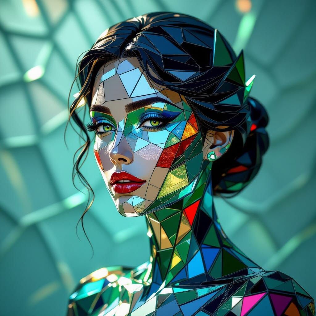 Shattered Glass Woman Portrait in Stained Glass Style