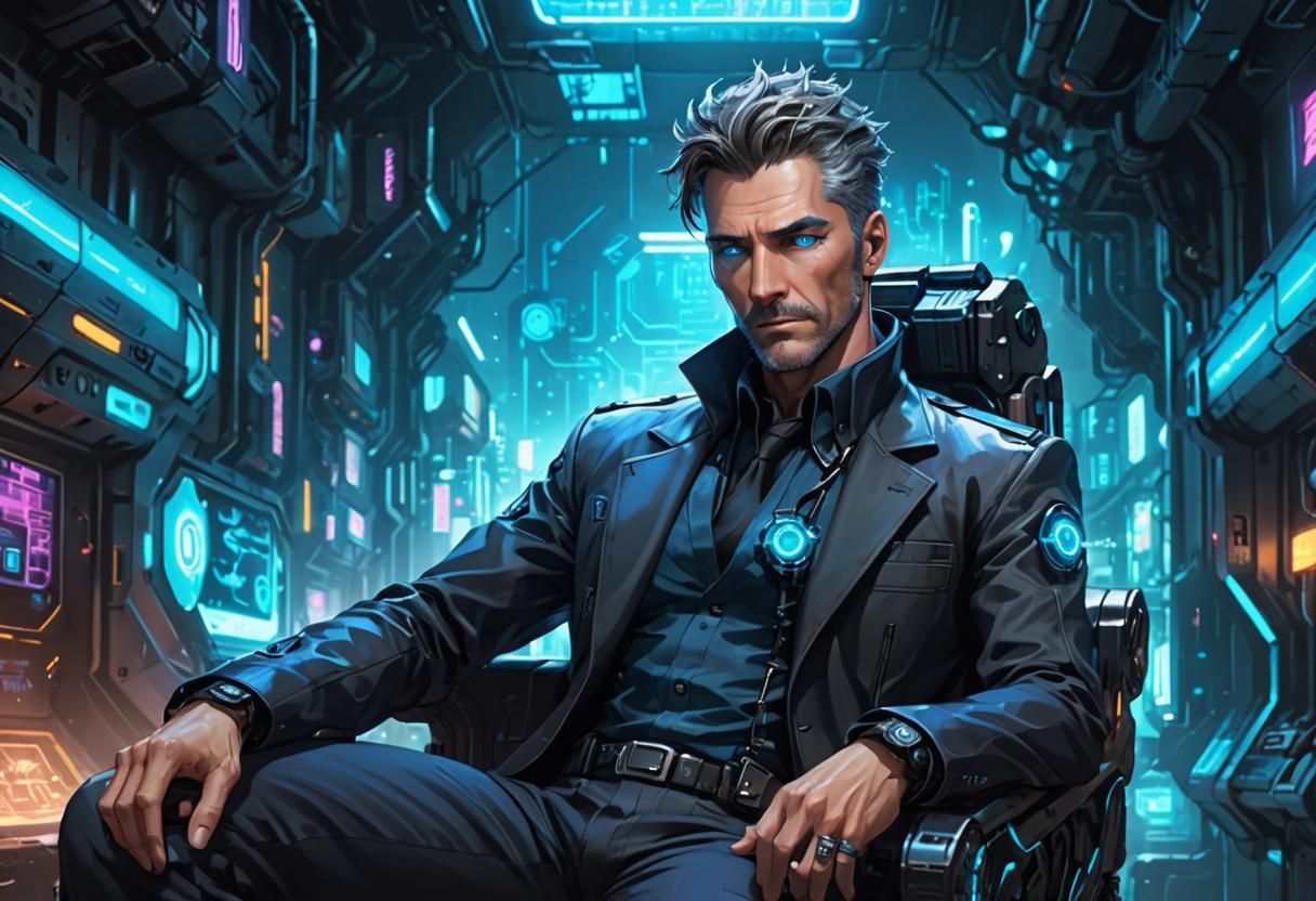 Cyberpunk Detective with Blue Eyes and Cybernetic Enhancemen...
