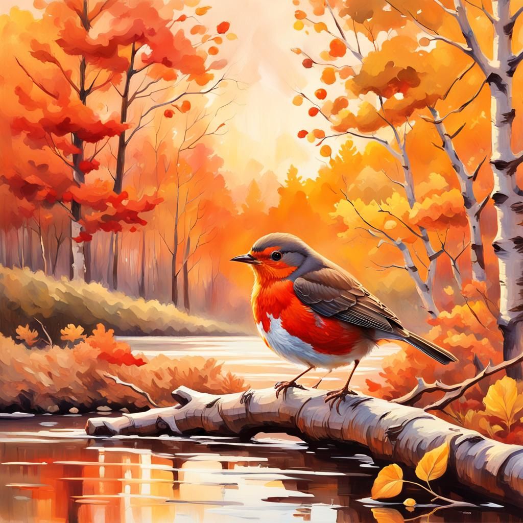 Red Robin in Autumnal Forest: Gouache Impressionism