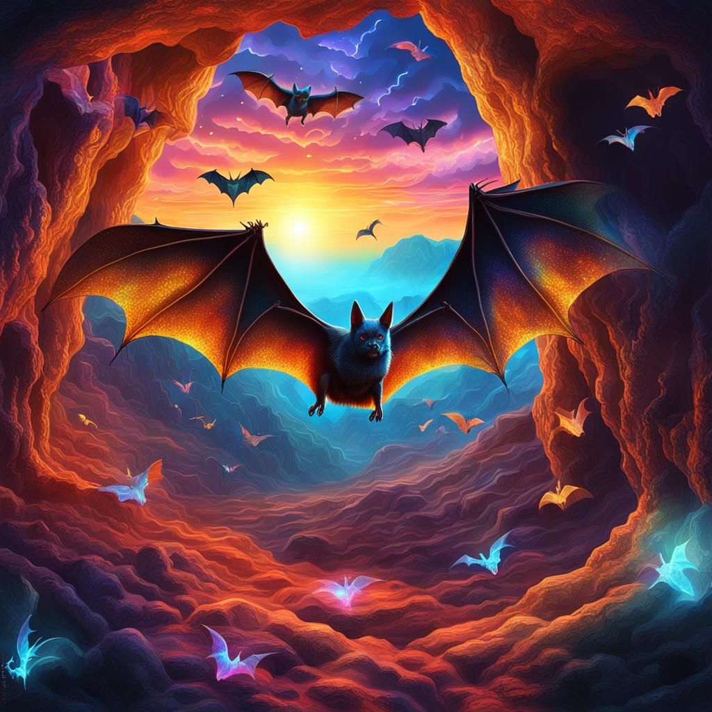 Bats Flying from Cave at Sunset: Cosmic Illustration