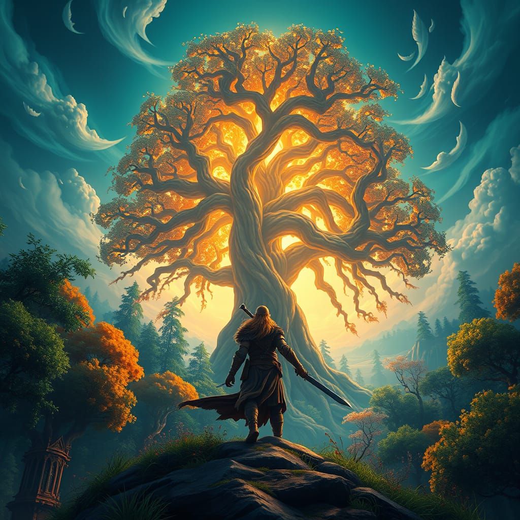 Heroic Warrior Stands at Edge of Vibrant Forest